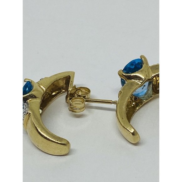 10K Yellow Gold Blue Topaz Diamond Earrings Half Hoop - Picture 6 of 7